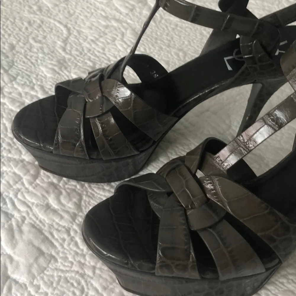 Yves Saint Laurent Brown Croc-Embossed Leather Platform Sandals